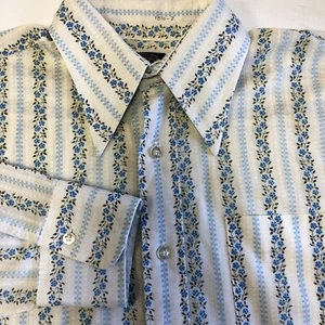 Vtg 70's Honor Cream MOD Blue FLORAL Vines DISCO Butterfly Collar Shirt 15.5 1/2 - Picture 1 of 9