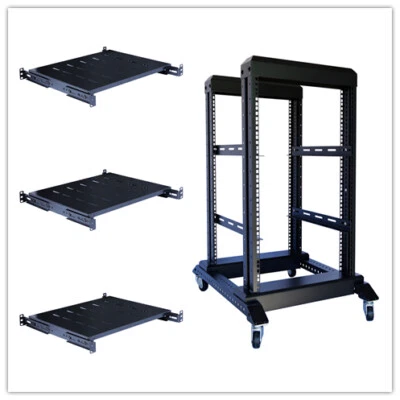 15U 4 Post Open Frame 19'' Server/Audio Steel Rack Deep from 16"-32" 3 Shelves - Image 1 of 4