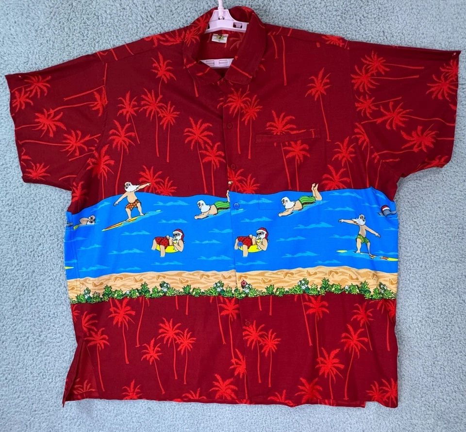 Mens 2X Short Sleeve Button Shirt Blue Red Tropical Christmas Print Casual - Image 1 of 4