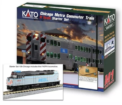 KATO 106-CHICAGO N F40PH Bi-Level Chicago Metra  Set LOCO, 3 CARS, POWER,TRACK - Image 1 of 2