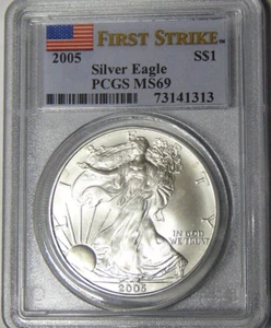 PCGS MS69 2005 American Silver Eagle .999 Silver Dollar First Strike Obv Spots - Picture 1 of 3