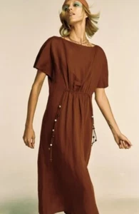 BNWT Zara Linen Blend Wide-Neck Beaded Tunic Dress Brown Boho Hippie M Medium - Picture 1 of 10