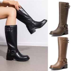 Women Motorcycle Biker Boots Square Toe Low Chunky Heel Knee High Boots - Picture 1 of 26