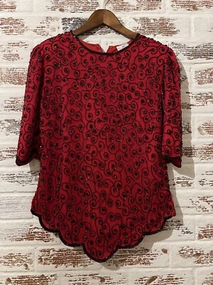 Blusa de seda adornos con cuentas noche fiesta año nuevo cóctel vacaciones XS Foto 1 de 4