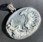Antique Scenic Cameo Charriot Man Horses Cameo Pendant Sterling Filigree Bail