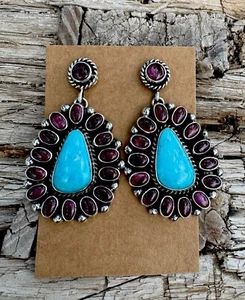 Kingman Turquoise & Purple Spiny Oyster ~ Post-Back Earrings By Linda Yazzie - Picture 1 of 1