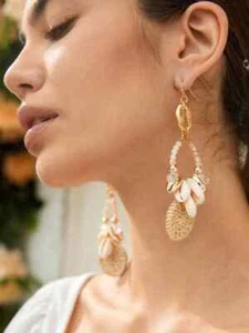 Strung Shell Beaded Dangle Earrings Large Gold Beach Multi Color Resin Earring - Picture 1 of 12