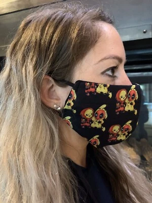 Pikachu Deadpool Handmade 100% Cotton Fabric Face Mask Anime Pokémon Nintendo - Image 1 of 2