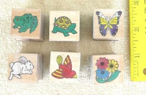 Wood Mount Rubber Stamps butterfly, turtle, bird, rabbit, frog, flowers set of 6 - Picture 1 of 3