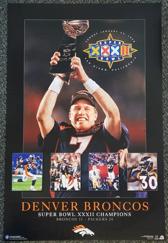 DENVER BRONCOS Super Bowl XXXII 1998 Rare JOHN ELWAY Raising Trophy 23x35 POSTER Cover