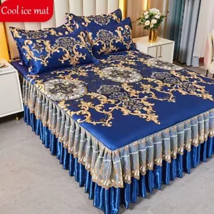 3 Pcs Set Luxury Floral Satin Bedspread Bed Skirt Washable Bedsheets Pillowcases - Picture 1 of 21