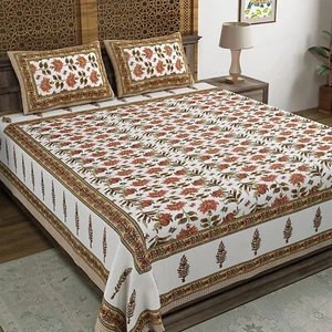Hand Block Floral Printed 300 TC Cotton King Size Bedsheet - Picture 1 of 8