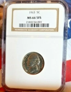 1963-P Jefferson Nickel, NGC MS66 5FS,    B7 - Picture 1 of 2