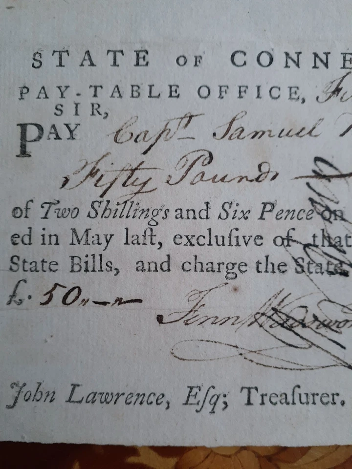 1782 Connecticut Pay Table Office Colonial Currency Note 50 pounds to Captain  - Image 1 of 4