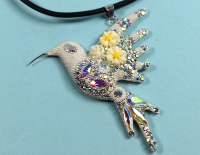 Beautiful Hummingbird Rhinestone Sterling Silver Corded Necklace Made Mexico 16" - Image 1 of 4