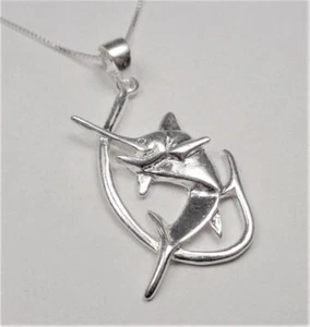 STERLING SILVER NAUTICAL MARLIN SWORDFISH ANGLER FISHING HOOK PENDANT NECKLACE - Picture 1 of 5