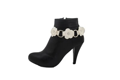 Mujer Plata Bota Cadena Pulsera Zapato Occidental Dije Flores Blancas Correa Tobillera Foto 1 de 4