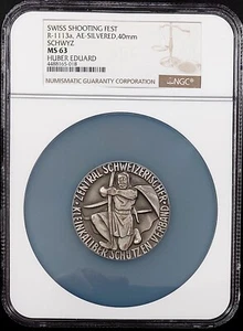 Swiss Shooting Fest Medal, R-1113a, AE-Silvered, 40 mm, Schwyz, NGC MS 63! - Picture 1 of 6