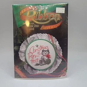 NUEVO Kit de punto de cruz contado bordado de cinta Navidad gatito 1854 marco encaje - Imagen 1 de 7