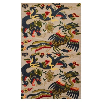 Multi Size Hand Tufted Red Dragon & Phoenix Chinese Art Deco Wool Area Rug - Image 1 of 4