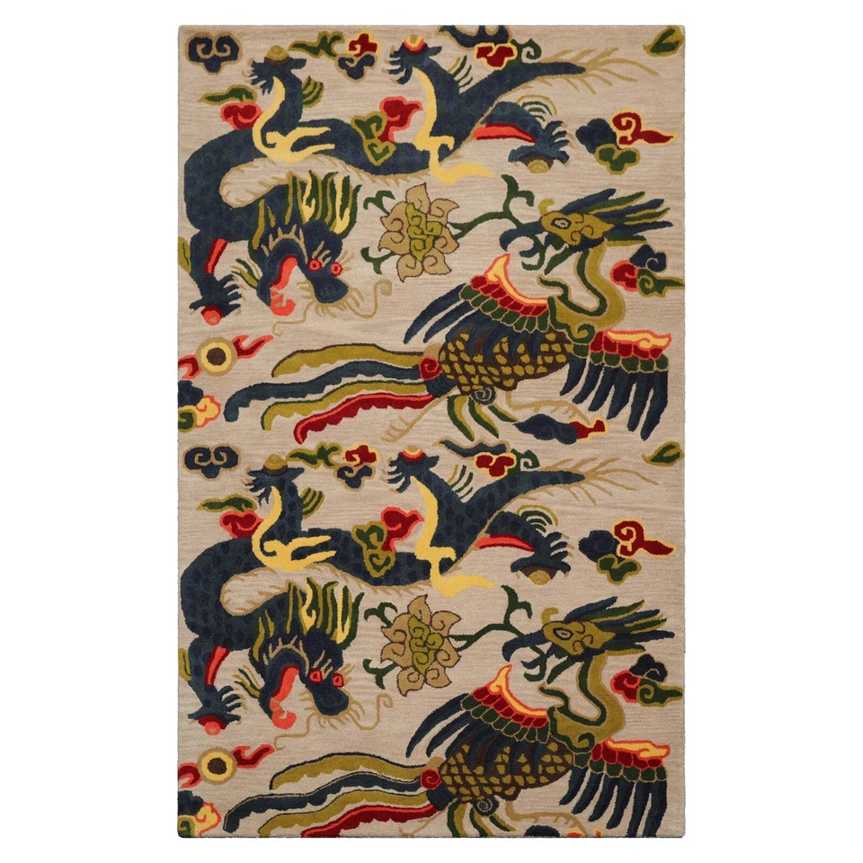 Multi Size Hand Tufted Red Dragon & Phoenix Chinese Art Deco Wool Area Rug - Image 1 of 4