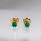 Petite Round Natural Colombian Emerald Stud Earrings in 18K Yellow Gold