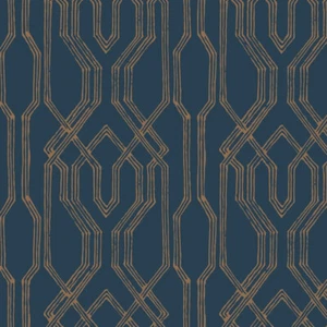 Tea Garden, Oriental Lattice Blue, Gold - Ronald Redding AF6561 Metallic Gold - Picture 1 of 5