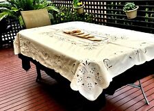 FABULOUS VINTAGE LIGHT CREAM LINEN HAND CRAFTED TABLECLOTH W / 6 NAPKINS UNUSED