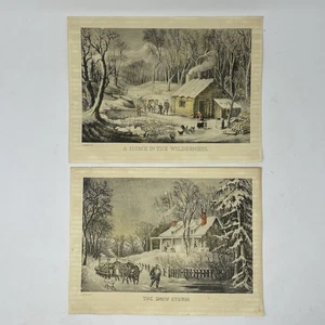 Currier Ives Lithograph Print VTG Folk Art Cottage Americana Set of 2 Unframed - Picture 1 of 6