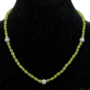 18'' Natural Peridot Necklace 5-6mm Faceted Beads CZ Ball With 925 Silver Clasp - Picture 1 of 10