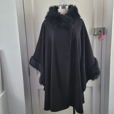 Marks And Spencer Faux Fur Trim Black Fleece Poncho Cape Coat One Size - Image 1 of 4