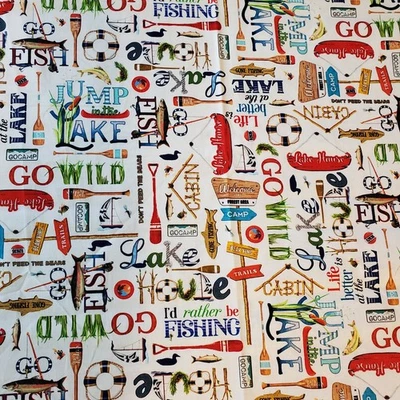 Cabaña de pesca de camping canoa lago tela Robert Kaufman FQ HY BTY por yarda Foto 1 de 4