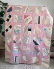 Vintage Cottage Scrap Patchwork Quilt 63x76 Pink Sashing Hand Quilted
