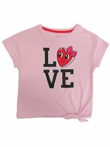 Girls Pink Glitter Love Heart Valentines Day Tee Shirt Side Tie Top - Picture 1 of 1