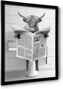 Framed Highland Cow Wall Art, Bathroom Decor Wall Art, Black and White Wall Deco - Picture 1 of 12