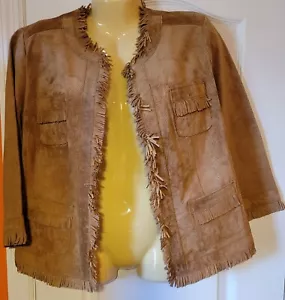 Chico's Genuine Leather Fringe Open Front Jacket Tan Size (S/6) with pockets - Picture 1 of 5