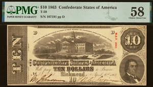 1863 $10 CONFEDERATE STATES of AMERICA T-59 EXCEPTIONAL NOTE - Picture 1 of 2