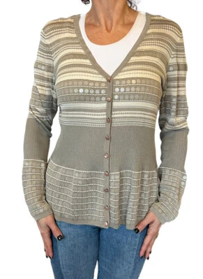 WOMEN'S RENA LANGE TAUPE BEIGE GEOMETRIC STRIPE V NECK SILK CARDIGAN SWEATER L - Image 1 of 4