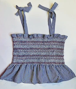 Sim & Sam Women's Tank Top LARGE Tie Straps Striped Ruched Blue White NWT - Picture 1 of 20