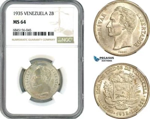 AI536, Venezuela, 2 Bolivares 1935, Philadelphia Mint, Silver, NGC MS64 - Picture 1 of 1
