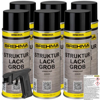 6xBREHMA Strukturlack grob Kunststoff Kräusel Spray schwarz matt 400ml m. Griff - Bild 1 von 4