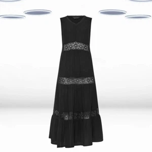 Ex Women’s Petite Size Crochet Trim Tiered Maxi Dress in Black (Defect) - Picture 1 of 6