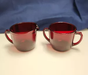 Vtg Royal Ruby By Anchor Hocking Glass Footed Creamer and Open Sugar Bowl - Picture 1 of 5