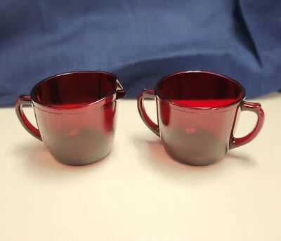 Vtg Royal Ruby By Anchor Hocking Glass Footed Creamer and Open Sugar Bowl - Image 1 of 4