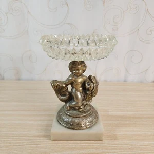 Vintage Glass Brass & Marble Vanity Soap or Candy Dish Cherub & Koi Fish - Picture 1 of 10