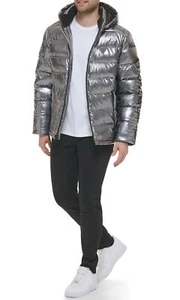 Guess Men's Holographic Hooded Puffer Jacket, Graphite, Medium - Picture 1 of 2
