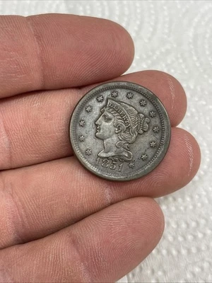 Moeda de cobre 1851 Liberty cabelo trançado grande um centavo #4 - Imagem 1 de 3