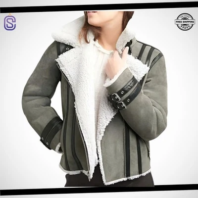 Women's Handmade B3 Bomber  Aviator Grey Shearling Leather Jacket | Gift For Her - Image 1 of 3