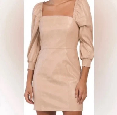 Women’s Free People Faux Leather Mini Dress Tan with Quarter Sleeves Medium - Image 1 of 4