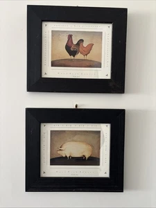 Set Vintage Mary Beth Baxter Volkskunst Henne & Hahn und Schwein gerahmte Bilder - Bild 1 von 9
